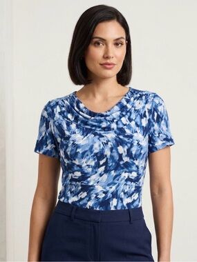 Erin Blair Blue Printed Short-Sleeve Cowl Neck Tee